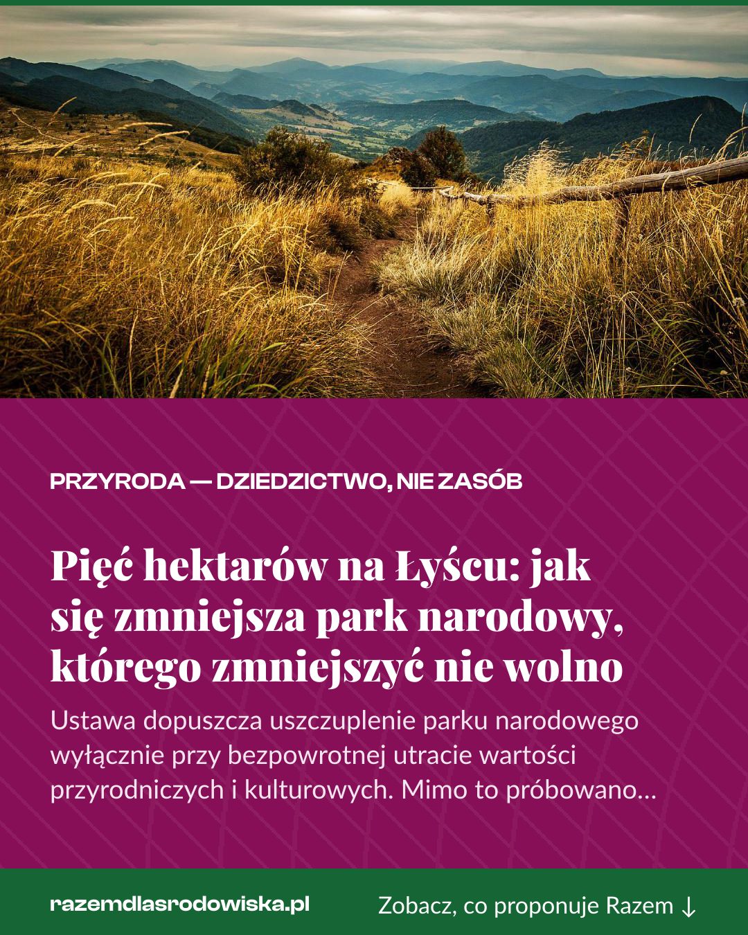 Grafika pionowa do udostępnienia: Pięć hektarów na Łyścu: jak się zmniejsza park narodowy, którego zmniejszyć nie wolno